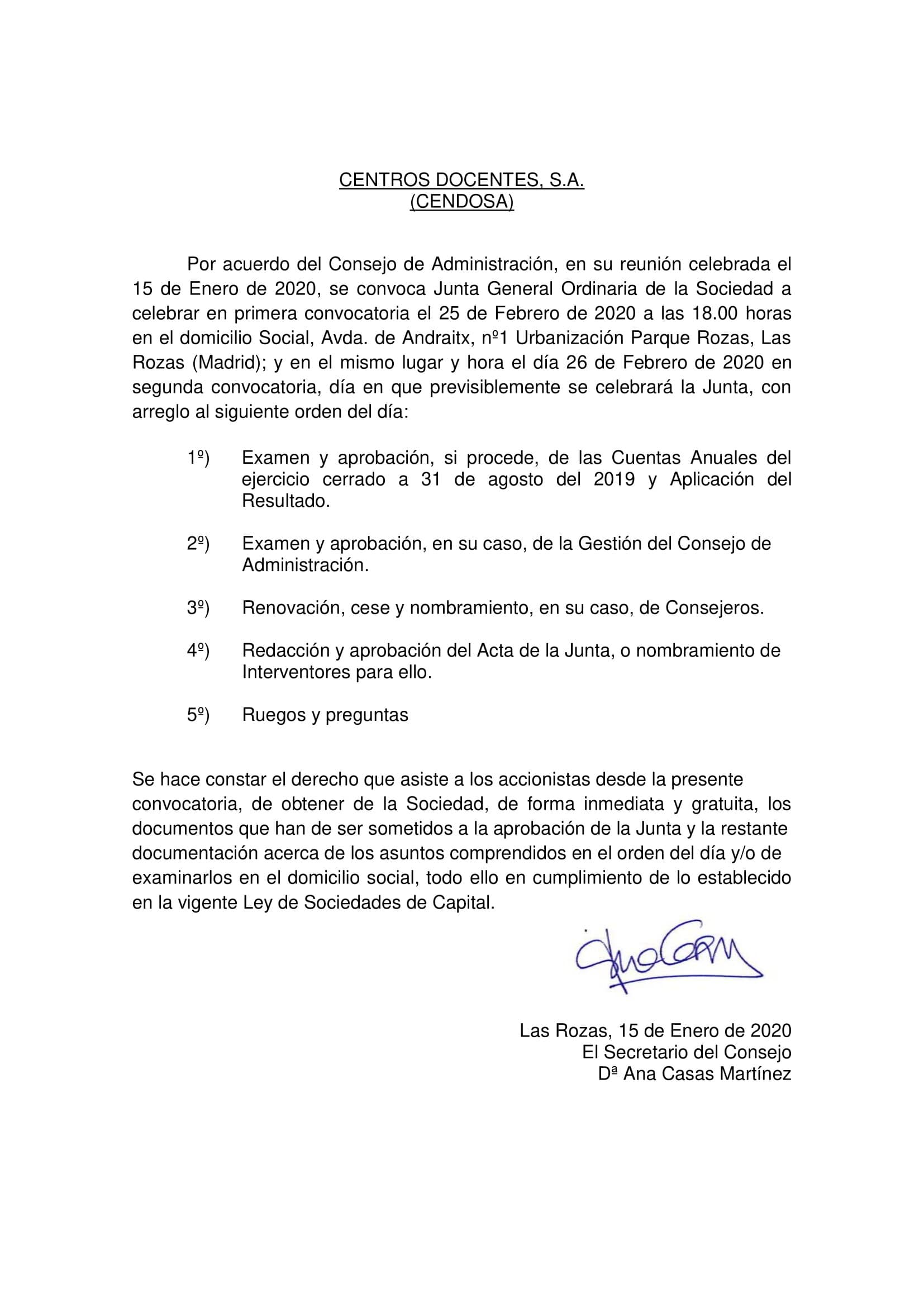 25 de febrero: Convocatoria de la Junta General de Accionistas