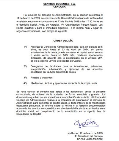 23 de abril: Convocatoria de la Junta General Extraordinaria de la Sociedad